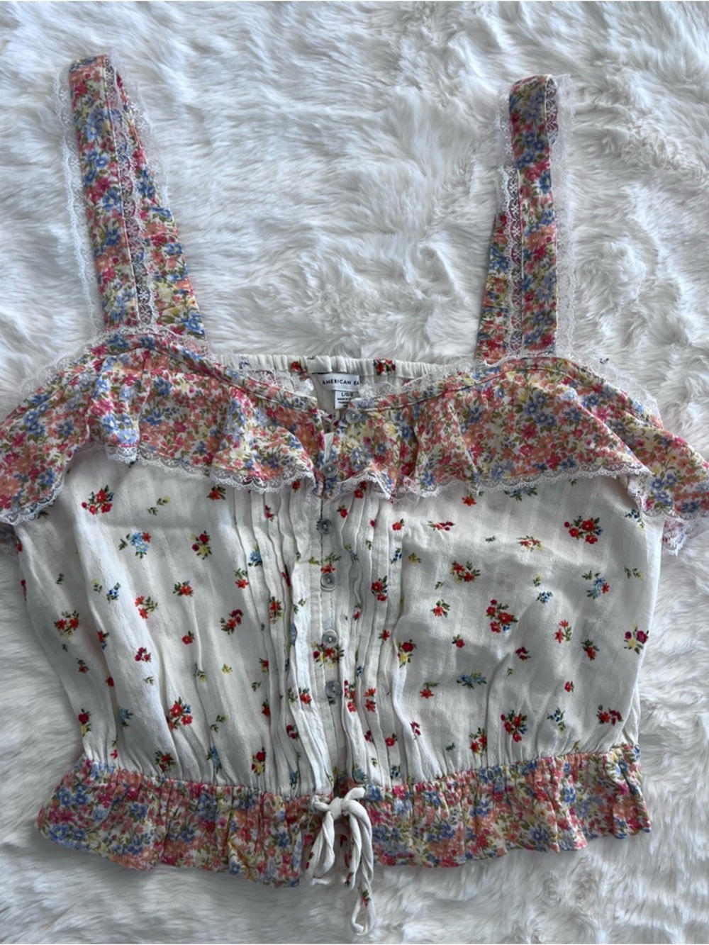 American Eagle Outfitters White Floral Tank with Pink and Blue Accents